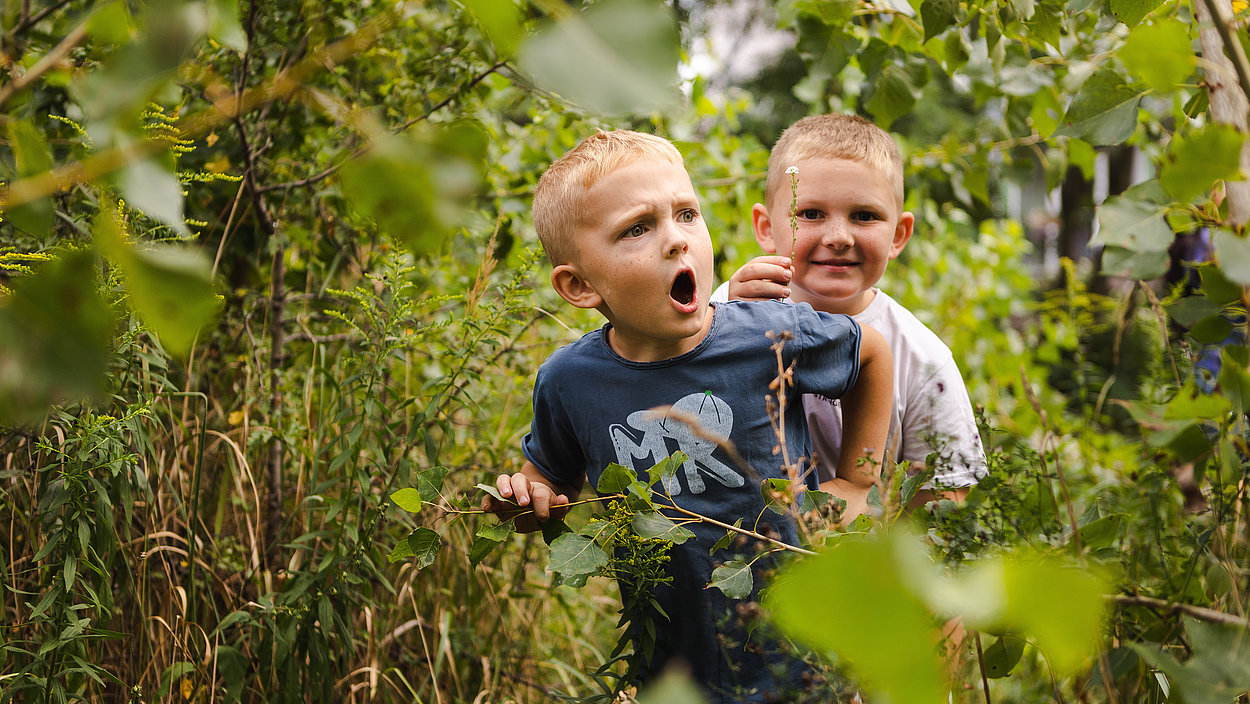 Zwei Jungs gehen in den Büschen im Naturerfahrungsraum im Park am Gleisdreieck auf Entdeckungstour